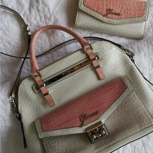 Elegant Cream and Pink Croc-Embossed GUESS Women's Bag Set